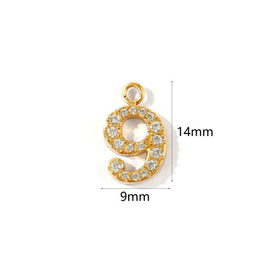 Imagen de 2 Unidades PVD Ecológico 304 Acero Inoxidable Colgantes Al Por Mayor Chapado en Oro de 18K Mensaje " 9 " Micro Pave Transparente Rhinestone 14mm x 8.5mm