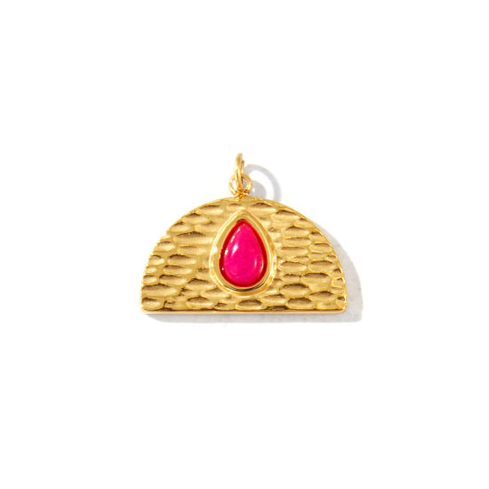 Picture of 1 Piece Eco-friendly PVD Waterproof Anti-Tarnish Hypoallergenic 304 Stainless Steel & Gemstone Charms Wholesale 18K Real Gold Plated Fuchsia Half Round Drop 20mm x 17mm
