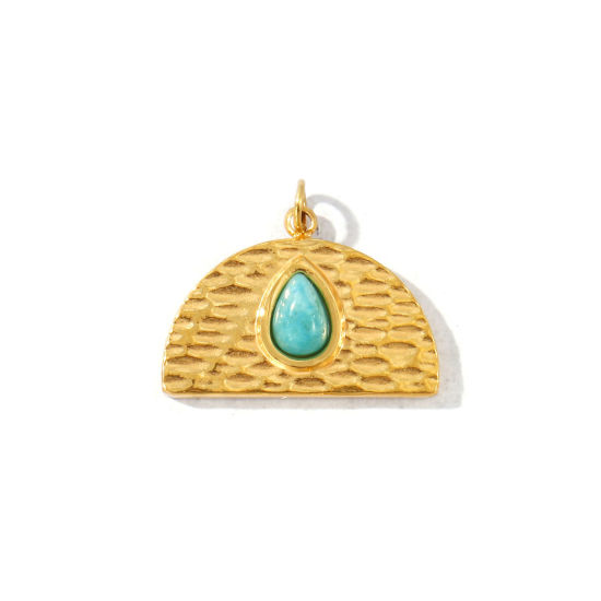 Picture of 1 Piece Eco-friendly PVD Waterproof Anti-Tarnish Hypoallergenic 304 Stainless Steel & Gemstone Charms Wholesale 18K Real Gold Plated Green Blue Half Round Drop 20mm x 17mm