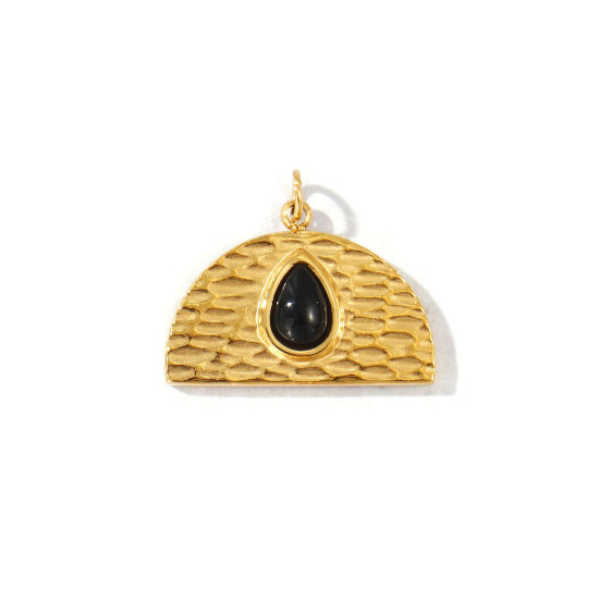 Picture of 1 Piece Eco-friendly PVD Waterproof Anti-Tarnish Hypoallergenic 304 Stainless Steel & Gemstone Charms Wholesale 18K Real Gold Plated Black Half Round Drop 20mm x 17mm