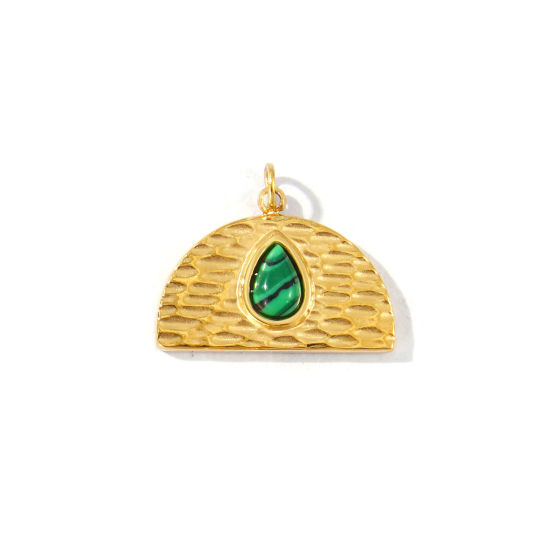 Picture of 1 Piece Eco-friendly PVD Waterproof Anti-Tarnish Hypoallergenic 304 Stainless Steel & Gemstone Charms Wholesale 18K Real Gold Plated Green Half Round Drop 20mm x 17mm