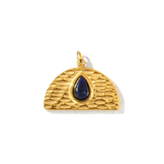Picture of 1 Piece Eco-friendly PVD Waterproof Anti-Tarnish Hypoallergenic 304 Stainless Steel & Gemstone Charms Wholesale 18K Real Gold Plated Dark Blue Half Round Drop 20mm x 17mm