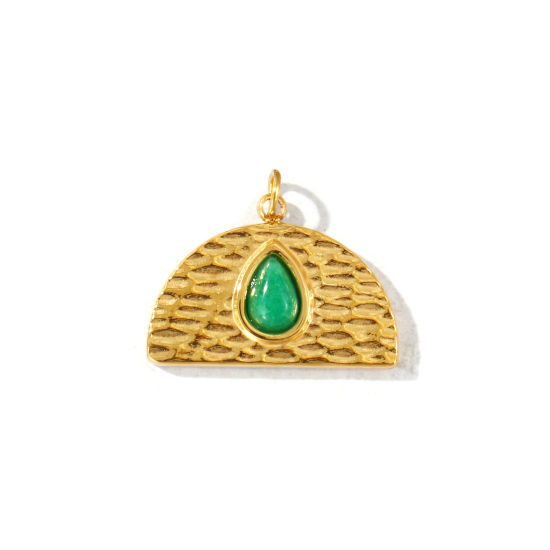 Picture of 1 Piece Eco-friendly PVD Waterproof Anti-Tarnish Hypoallergenic 304 Stainless Steel & Gemstone Charms Wholesale 18K Real Gold Plated Green Half Round Drop 20mm x 17mm