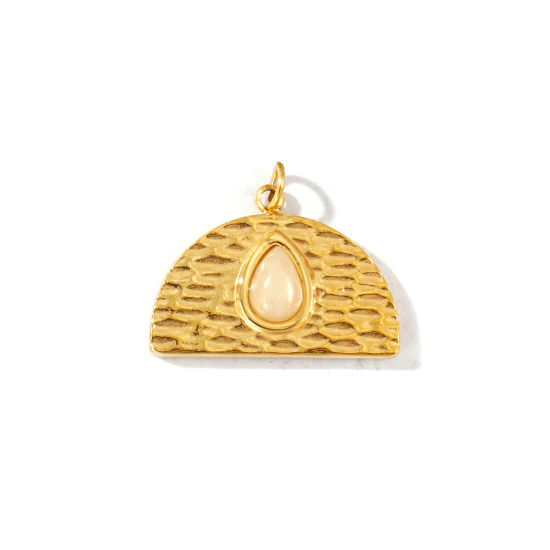 Picture of 1 Piece Eco-friendly PVD Waterproof Anti-Tarnish Hypoallergenic 304 Stainless Steel & Gemstone Charms Wholesale 18K Real Gold Plated Light Pink Half Round Drop 20mm x 17mm