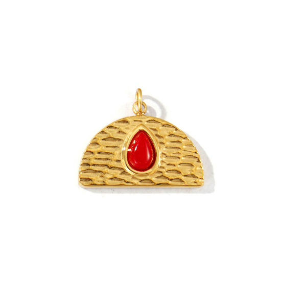 Picture of 1 Piece Eco-friendly PVD Waterproof Anti-Tarnish Hypoallergenic 304 Stainless Steel & Gemstone Charms Wholesale 18K Real Gold Plated Red Half Round Drop 20mm x 17mm