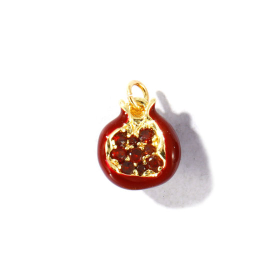 Immagine di 2 Pz Ottone 3D Ciondoli All'Ingrosso Placcato Oro 18K Melagrana Smalto Vino Rosso Cubic Zirconiae 14mm x 10.5mm