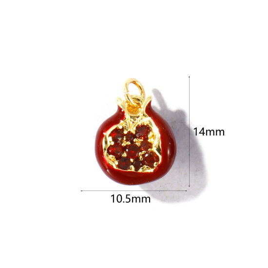 Immagine di 2 Pz Ottone 3D Ciondoli All'Ingrosso Placcato Oro 18K Melagrana Smalto Vino Rosso Cubic Zirconiae 14mm x 10.5mm
