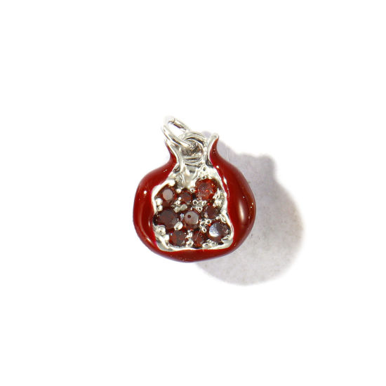 Immagine di 2 Pz Ottone 3D Ciondoli All'Ingrosso Platino Placcato Melagrana Smalto Vino Rosso Cubic Zirconiae 14mm x 10.5mm