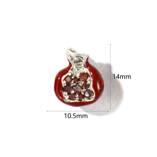 Immagine di 2 Pz Ottone 3D Ciondoli All'Ingrosso Platino Placcato Melagrana Smalto Vino Rosso Cubic Zirconiae 14mm x 10.5mm