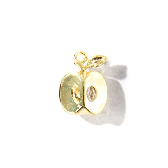Immagine di 2 Pz Ottone 3D Ciondoli All'Ingrosso Placcato Oro 18K Mela Trasparente Cubic Zirconiae 13mm x 9mm