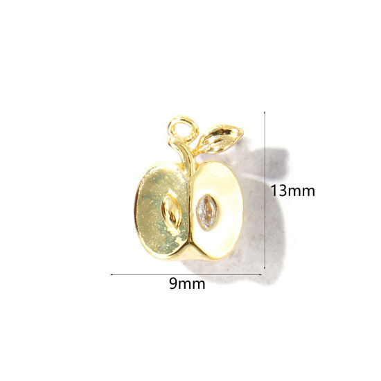 Immagine di 2 Pz Ottone 3D Ciondoli All'Ingrosso Placcato Oro 18K Mela Trasparente Cubic Zirconiae 13mm x 9mm