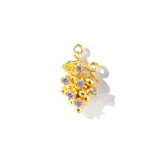 Immagine di 2 Pz Ottone 3D Ciondoli All'Ingrosso Placcato Oro 18K Uva Viola Pallido Cubic Zirconiae 17mm x 10mm