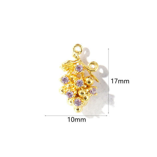 Immagine di 2 Pz Ottone 3D Ciondoli All'Ingrosso Placcato Oro 18K Uva Viola Pallido Cubic Zirconiae 17mm x 10mm