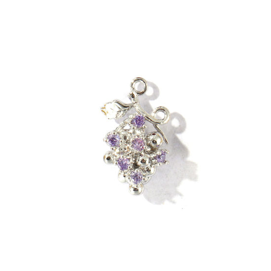 Immagine di 2 Pz Ottone 3D Ciondoli All'Ingrosso Platino Placcato Uva Viola Pallido Cubic Zirconiae 17mm x 10mm