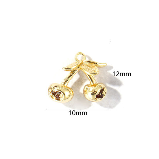 Immagine di 2 Pz Ottone 3D Ciondoli All'Ingrosso Placcato Oro 18K Ciliegia Vino Rosso Cubic Zirconiae 12mm x 10mm
