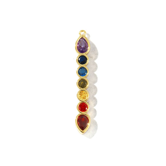 Imagen de 2 Unidades Latón Yoga Colgantes Al Por Mayor 18K Oro Real Chapado Ronda Gota Multicolor Circón Artificial 45mm x 6.5mm