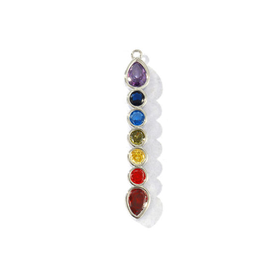 Imagen de 2 Unidades Latón Yoga Colgantes Al Por Mayor Platino Real Chapado Ronda Gota Multicolor Circón Artificial 45mm x 6.5mm