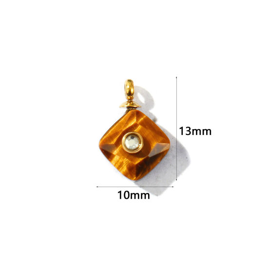 1 個 エコフレンドリー PVD 防水 耐変色性の 低アレルギー性の 304ステンレス鋼 + 宝石 チャーム 卸売り 14Kリアルゴールドメッキ ブラウン 菱形 透明 ラインストーン 13mm x 10mm、 の画像
