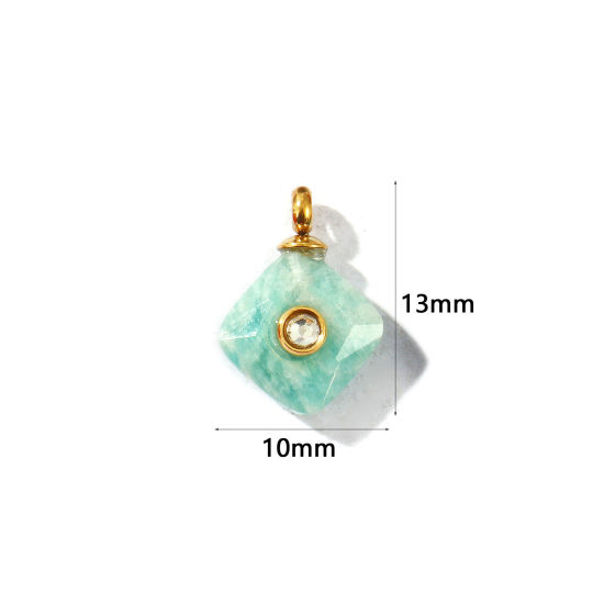 1 個 エコフレンドリー PVD 防水 耐変色性の 低アレルギー性の 304ステンレス鋼 + 宝石 チャーム 卸売り 14Kリアルゴールドメッキ 緑青 菱形 透明 ラインストーン 13mm x 10mm、 の画像