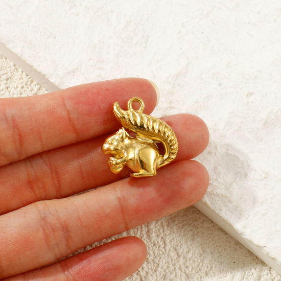 Picture of 1 Piece Eco-friendly PVD Waterproof Anti-Tarnish Hypoallergenic 304 Stainless Steel Charms Wholesale 18K Real Gold Plated Squirrel Animal 3D 21mm x 20mm