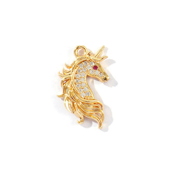 Image de 2 Pcs Breloques En Gros Respectueux de la Nature en Laiton Plaqué Or Véritable 18K Cheval Micro Pave à Zircone Cubique Clair 23mm x 14mm