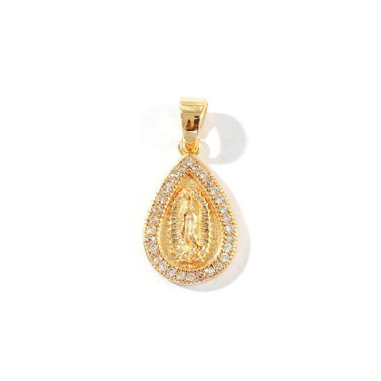 Picture of 2 PCs Eco-friendly Brass Religious Charm Pendant Wholesale 18K Real Gold Plated Drop Virgin Mary Micro Pave Clear Cubic Zirconia 27mm x 13mm