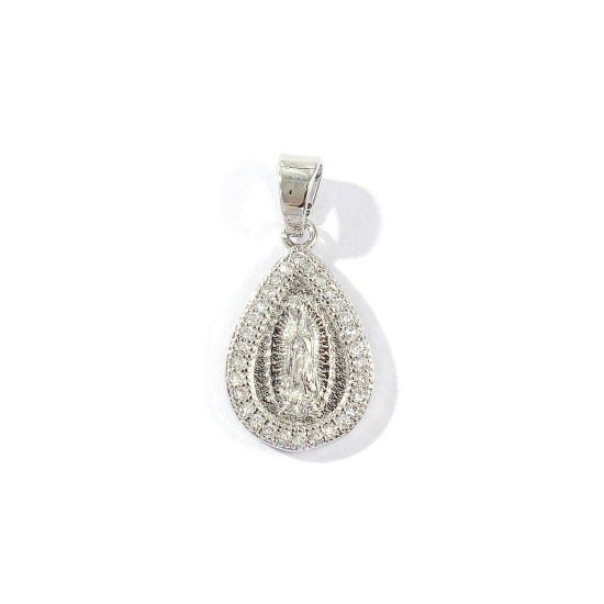 Picture of 2 PCs Eco-friendly Brass Religious Charm Pendant Wholesale Real Platinum Plated Drop Virgin Mary Micro Pave Clear Cubic Zirconia 27mm x 13mm