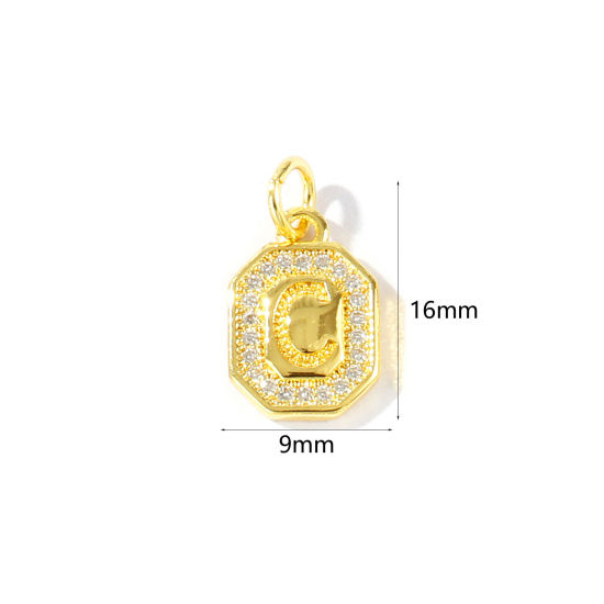 2 個 エコフレンドリー 真鍮 チャーム 卸売り 18Kリアルゴールドメッキ 八辺形 キャピタルレター 文字「 C 」 マイクロパヴェ クリア ジルコン 16mm x 9mm、 の画像