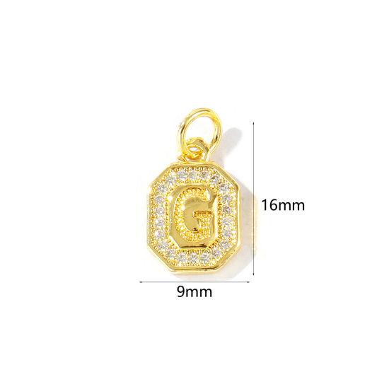 2 個 エコフレンドリー 真鍮 チャーム 卸売り 18Kリアルゴールドメッキ 八辺形 キャピタルレター 文字「 G 」 マイクロパヴェ クリア ジルコン 16mm x 9mm、 の画像
