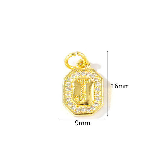 2 個 エコフレンドリー 真鍮 チャーム 卸売り 18Kリアルゴールドメッキ 八辺形 キャピタルレター 文字「 J 」 マイクロパヴェ クリア ジルコン 16mm x 9mm、 の画像