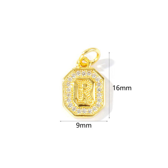 2 個 エコフレンドリー 真鍮 チャーム 卸売り 18Kリアルゴールドメッキ 八辺形 キャピタルレター 文字「 R 」 マイクロパヴェ クリア ジルコン 16mm x 9mm、 の画像