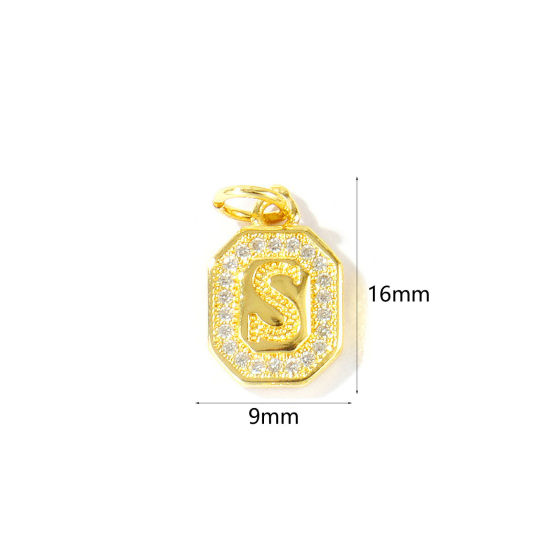 2 個 エコフレンドリー 真鍮 チャーム 卸売り 18Kリアルゴールドメッキ 八辺形 キャピタルレター 文字「 S 」 マイクロパヴェ クリア ジルコン 16mm x 9mm、 の画像