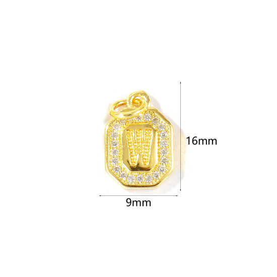 2 個 エコフレンドリー 真鍮 チャーム 卸売り 18Kリアルゴールドメッキ 八辺形 キャピタルレター 文字「 W 」 マイクロパヴェ クリア ジルコン 16mm x 9mm、 の画像