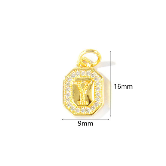 2 個 エコフレンドリー 真鍮 チャーム 卸売り 18Kリアルゴールドメッキ 八辺形 キャピタルレター 文字「 Y 」 マイクロパヴェ クリア ジルコン 16mm x 9mm、 の画像