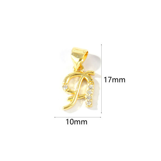 2 個 エコフレンドリー 真鍮 チャーム ペンダント 卸売り 18Kリアルゴールドメッキ キャピタルレター 文字「 A 」 マイクロパヴェ クリア ジルコン 17mm x 10mm、 の画像