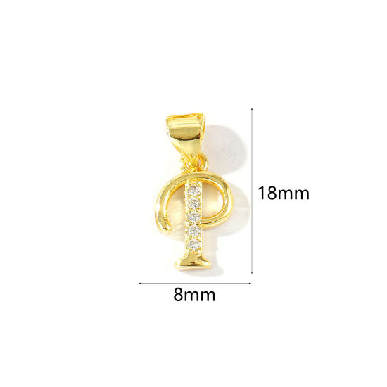 2 個 エコフレンドリー 真鍮 チャーム ペンダント 卸売り 18Kリアルゴールドメッキ キャピタルレター 文字「 P 」 マイクロパヴェ クリア ジルコン 18mm x 8mm、 の画像