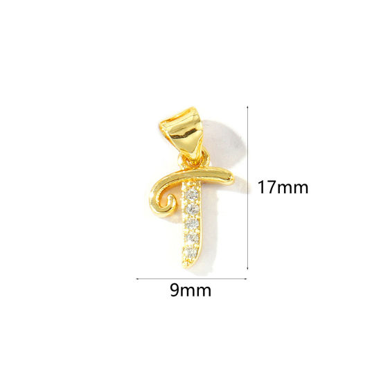 2 個 エコフレンドリー 真鍮 チャーム ペンダント 卸売り 18Kリアルゴールドメッキ キャピタルレター 文字「 T 」 マイクロパヴェ クリア ジルコン 17mm x 9mm、 の画像