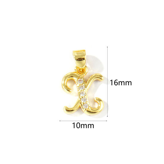 2 個 エコフレンドリー 真鍮 チャーム ペンダント 卸売り 18Kリアルゴールドメッキ キャピタルレター 文字「 X 」 マイクロパヴェ クリア ジルコン 16mm x 10mm、 の画像