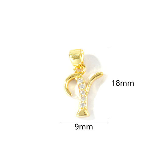 2 個 エコフレンドリー 真鍮 チャーム ペンダント 卸売り 18Kリアルゴールドメッキ キャピタルレター 文字「 Y 」 マイクロパヴェ クリア ジルコン 18mm x 9mm、 の画像