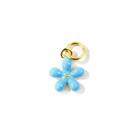 Image de 2 Pcs Breloques En Gros Respectueux de la Nature en Laiton Plaqué Or Véritable 18K Bleu Émail Fleur Mini 14mm x 9mm