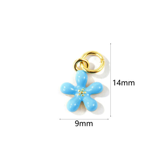 Image de 2 Pcs Breloques En Gros Respectueux de la Nature en Laiton Plaqué Or Véritable 18K Bleu Émail Fleur Mini 14mm x 9mm