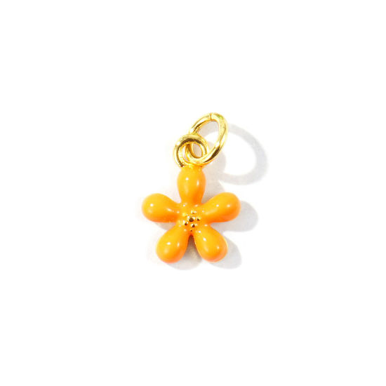 Image de 2 Pcs Breloques En Gros Respectueux de la Nature en Laiton Plaqué Or Véritable 18K Orange Émail Fleur Mini 14mm x 9mm