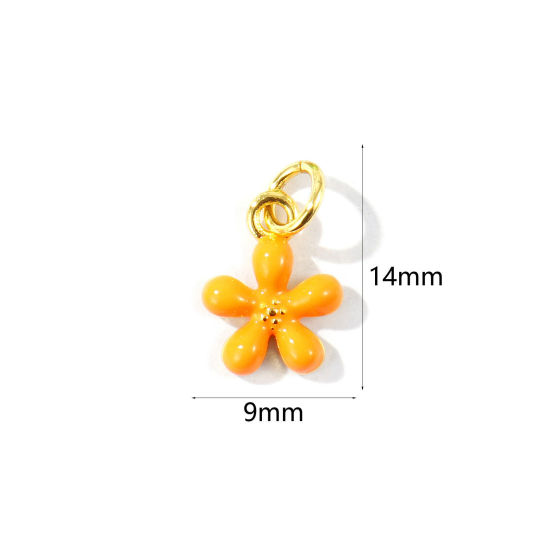 Image de 2 Pcs Breloques En Gros Respectueux de la Nature en Laiton Plaqué Or Véritable 18K Orange Émail Fleur Mini 14mm x 9mm