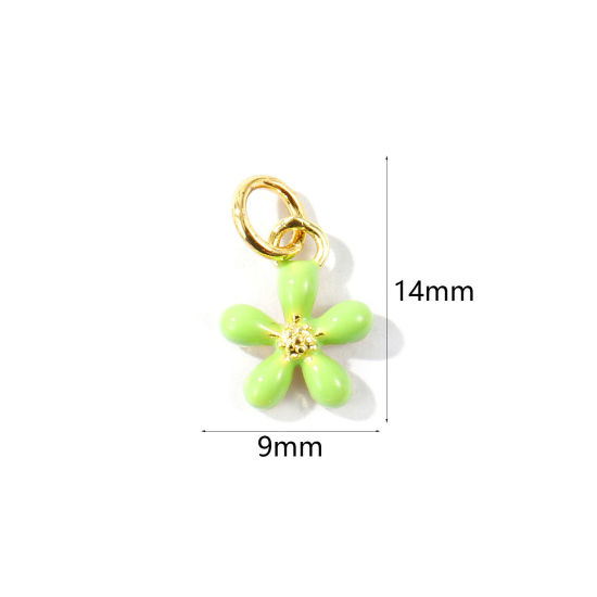 Image de 2 Pcs Breloques En Gros Respectueux de la Nature en Laiton Plaqué Or Véritable 18K Vert Émail Fleur Mini 14mm x 9mm