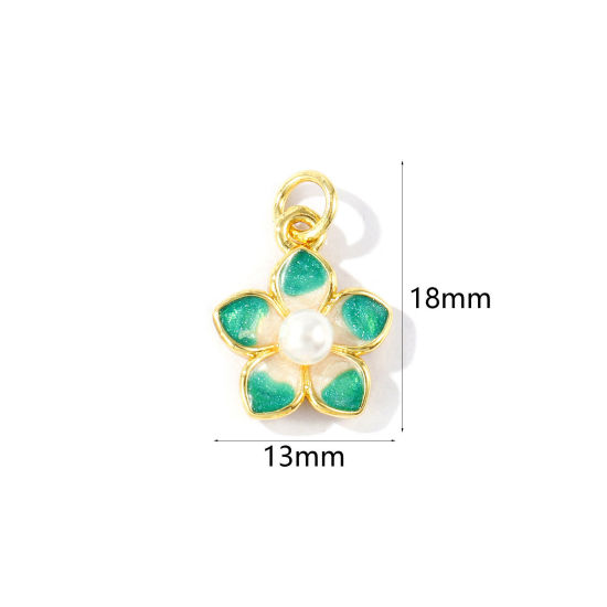 Изображение 2 ШТ Экологичный Латунь Подвески Оптовая 18K настоящее золото с покрытием Зеленый С Эмалью Цветы С Исскуственными Жемчугами 18мм x 13мм