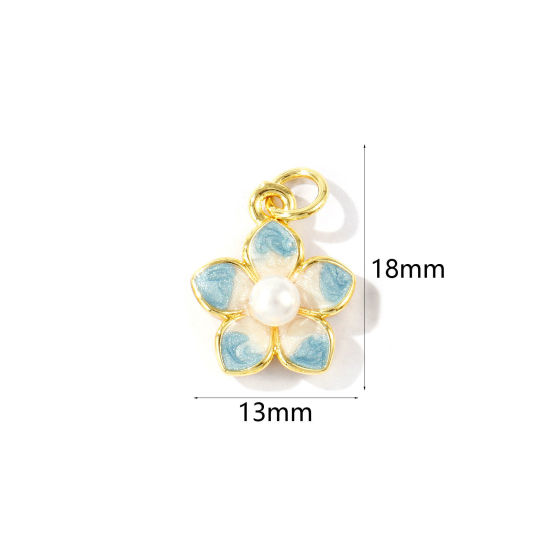 Изображение 2 ШТ Экологичный Латунь Подвески Оптовая 18K настоящее золото с покрытием Серый С Эмалью Цветы С Исскуственными Жемчугами 18мм x 13мм