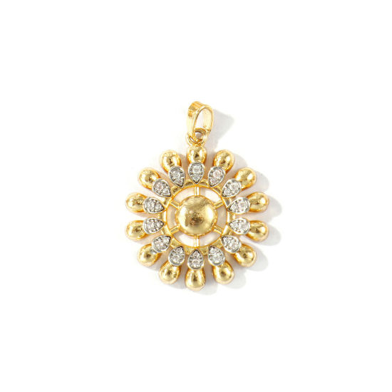 Bild von 1 Stück Messing Charm-Anhänger Großhandel 18K Vergoldet & Platin Plattiert Blumen Mixefarbe Klar Kubischer Zirkon 29mm x 22mm