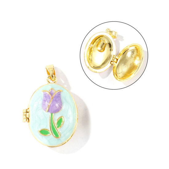 Picture of 2 PCs Brass Picture Photo Locket Frame Pendants Wholesale 18K Gold Plated Mint Green Enamel Tulip Flower Can Open 27mm x 17mm
