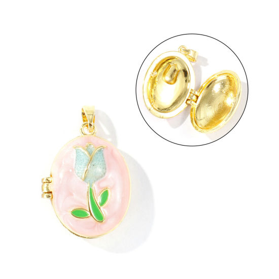 Picture of 2 PCs Brass Picture Photo Locket Frame Pendants Wholesale 18K Gold Plated Pink Enamel Tulip Flower Can Open 27mm x 17mm