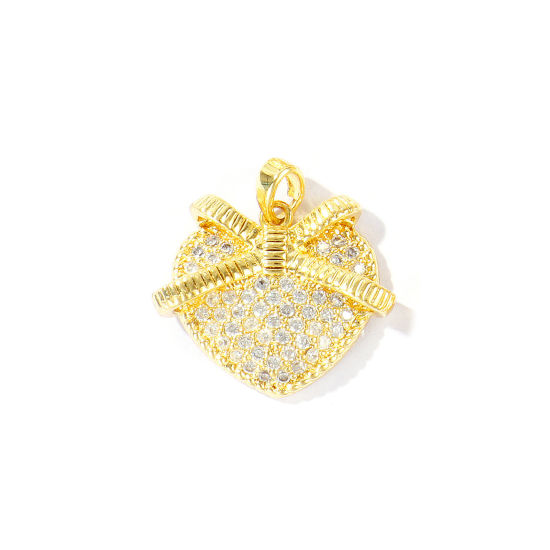 Immagine di 1 Pz Ottone San Valentino Ciondoli Pendenti All'Ingrosso Placcato Oro 18K Cuore Cravatta a Farfalla Micro Spianare Trasparente Cubic Zirconiae 22mm x 22mm
